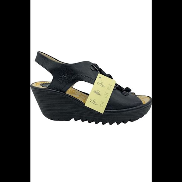 FLY London Leather Lace-Up Wedge Sandals Ylfa Black - Medium - Picture 1 of 5